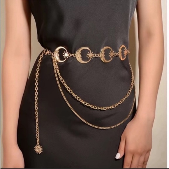 Celestial Crescent Moon Multi Layer Chain Statement Belt Metal Waist Belt Gold - Picture 7 of 13